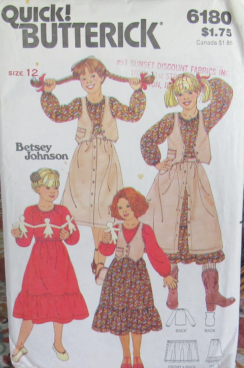 VTG Butterick 6180 Girls 12 BETSEY JOHNSON Peasant Top Skirt Vest Pattern