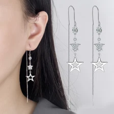 Women 925 Silver Plated Tassel Threader Star CZ Dangle Drop Puff Earrings XJ31