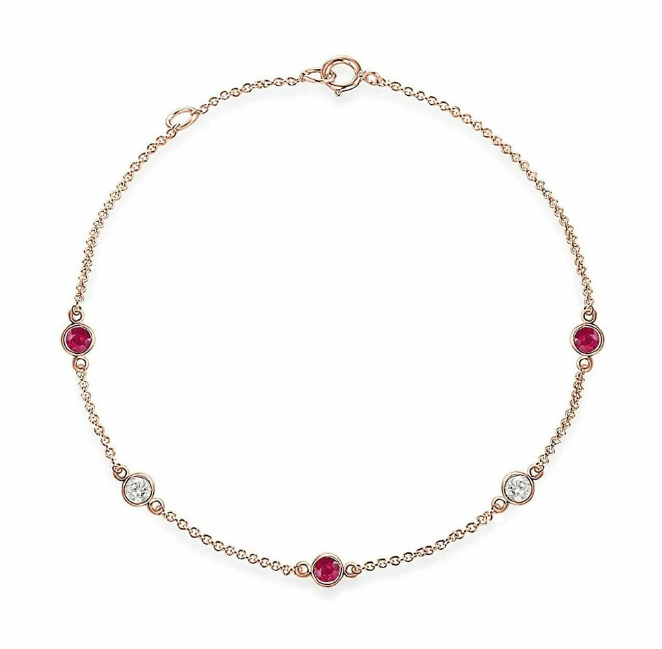 14k Gold Chain Bracelet With Natural Ruby & Diamonds Bracelet For Wedding Gift  - Image 3 of 4