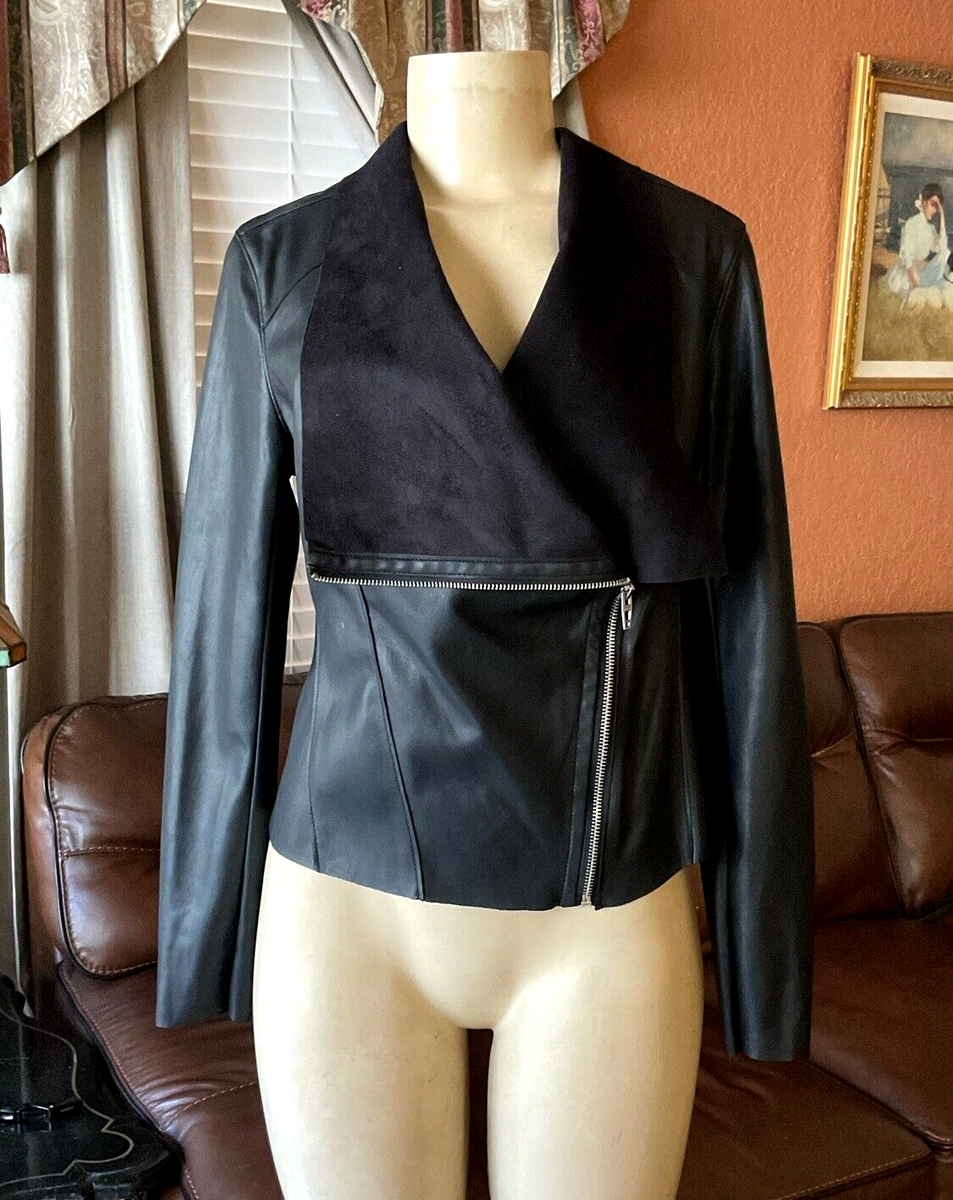 Black Faux Leather Jacket Zipper & Fold Over Collar Size S