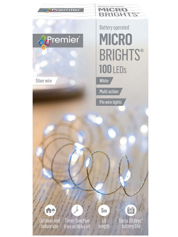 Premier 100 LED Multi-Action Battery Operated Micro Pin Wire Lights Timer WHITE