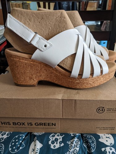 Clarks Giselle Glow White Leather Wedge Sandal Woman's 9.5 W