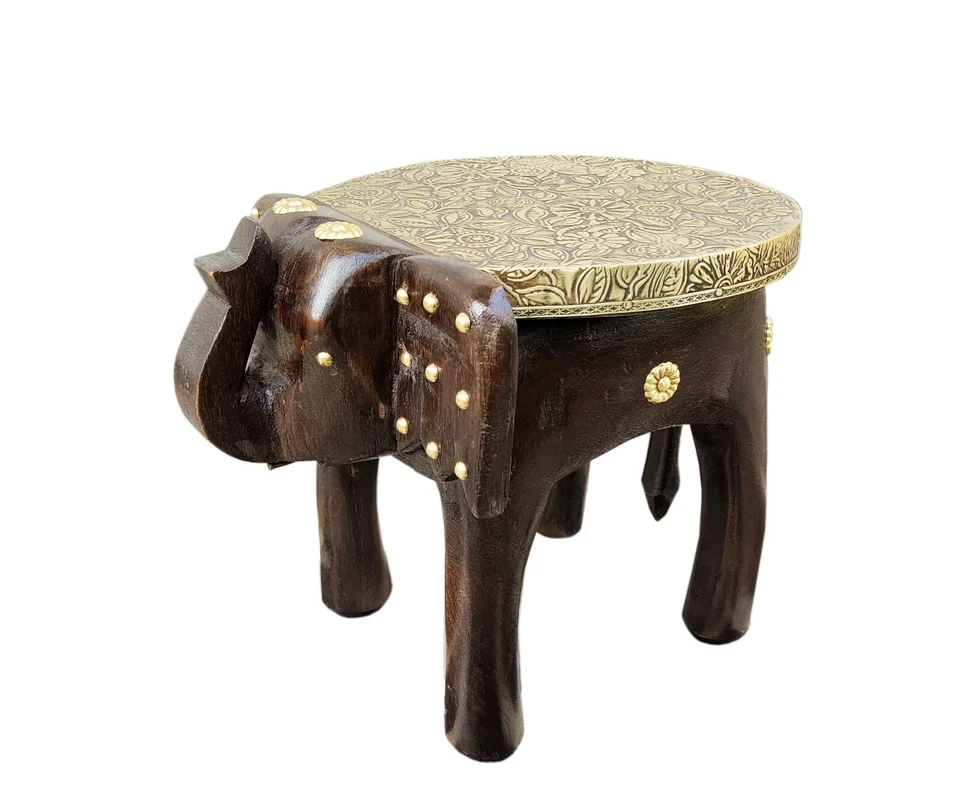 Taburete de madera hecho a mano elefante pequeño taburete bajo de latón equipado decoración del hogar arte indio Foto 4 de 4