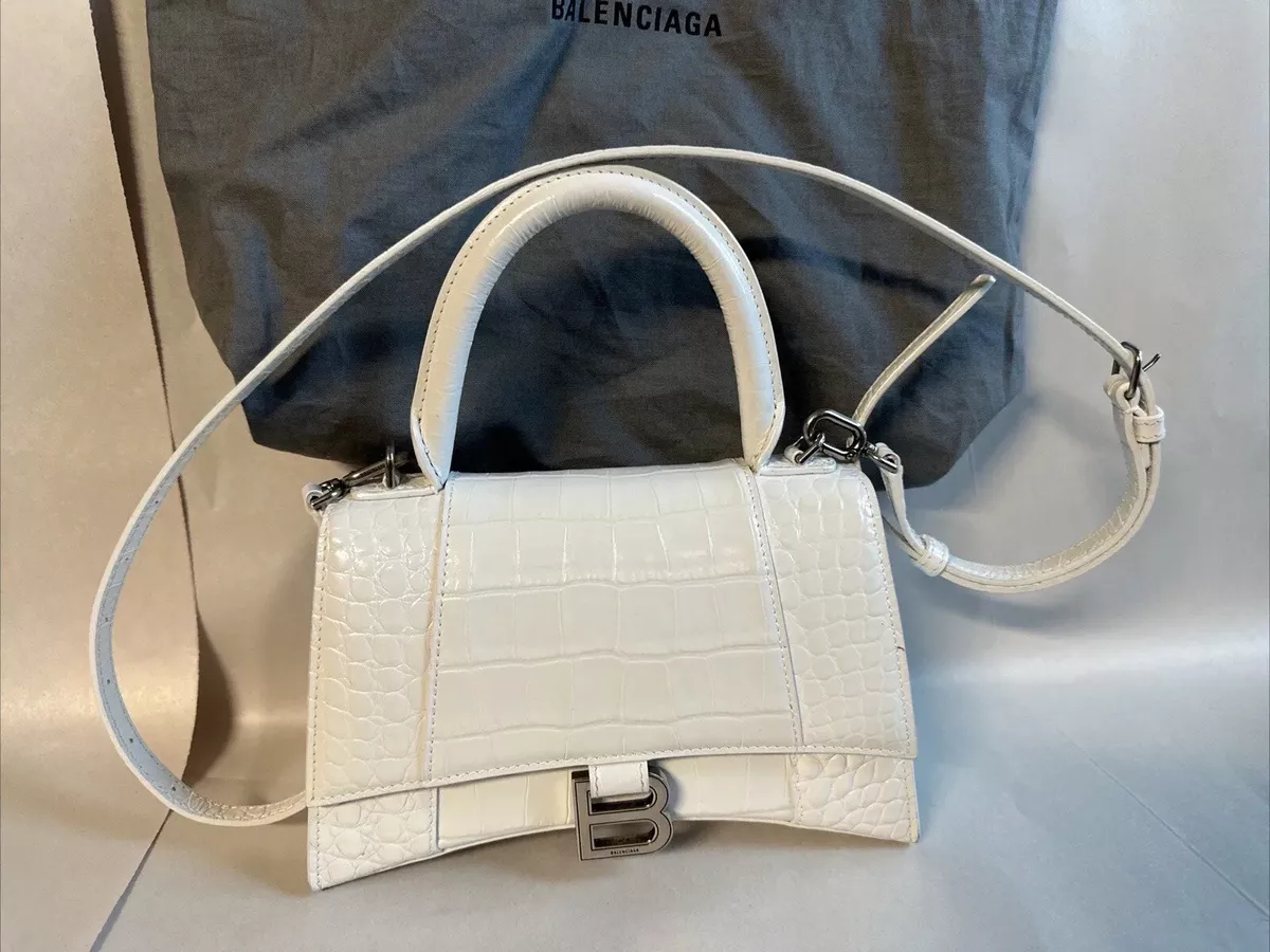 Balenciaga Hourglass Top Handle Bag Crocodile Embossed Leather Mini White