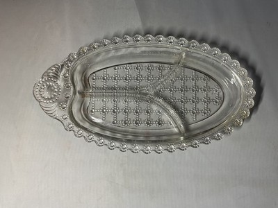 Vintage Hazel-Atlas Three Section Oval Glass Relish Tray Daisy Dot & Grid -B32