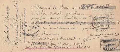 186.85 francs - bank cheque receipt - Syndicat agricole de Béziers et du La