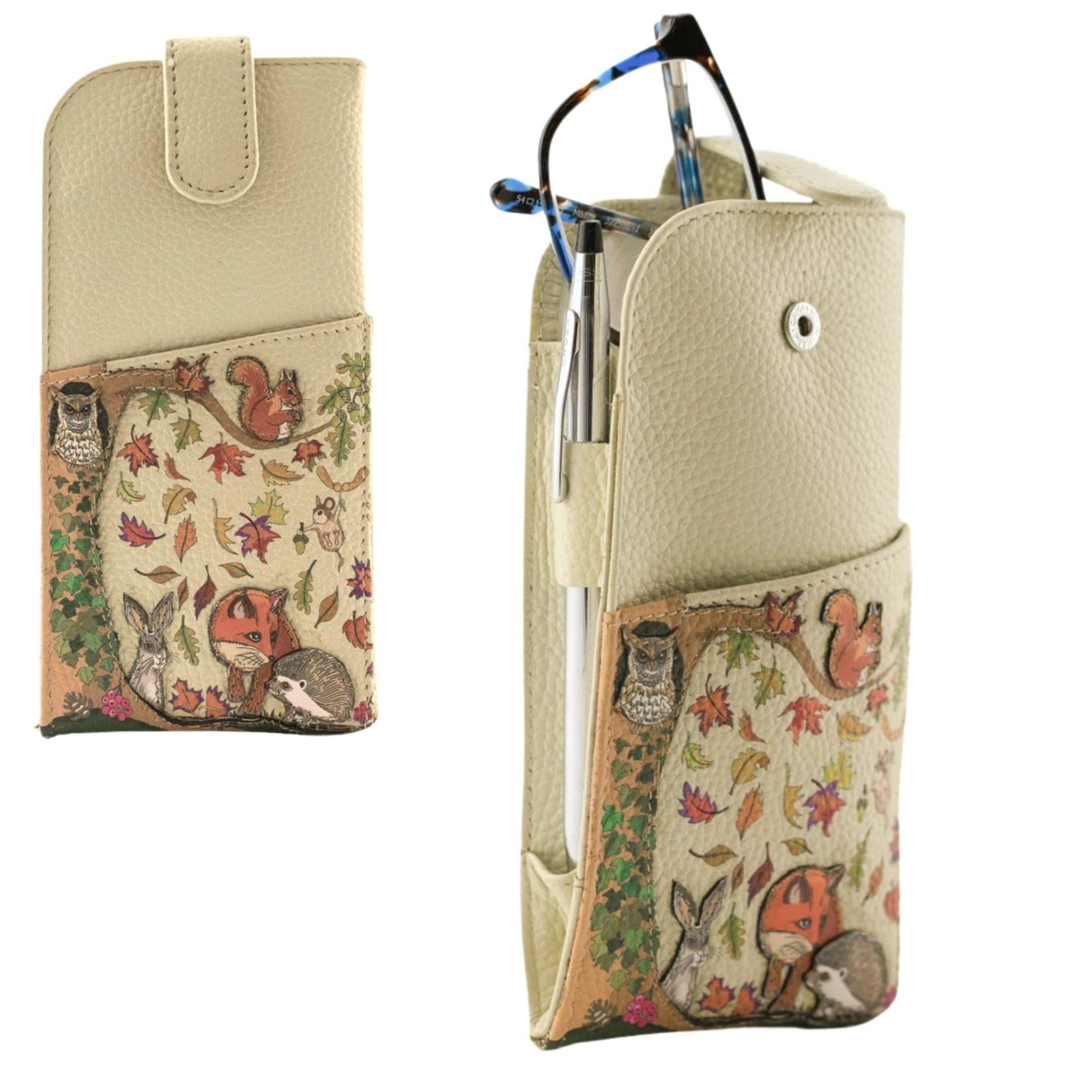 Mala Foxglove Wide Woodland Leather Glasses Case - Fox Owl Rabbit Hedgehog