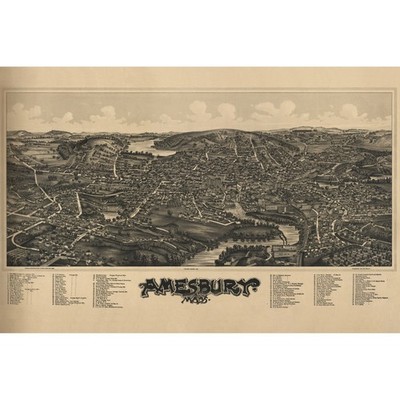 1890 Bird's Eye View Drawing of Amesbury Massachusetts Cityscape
