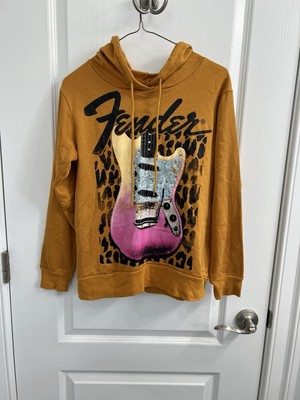 Fender Guitar Burnt Orange Yellow Gold Cheetah Print Graphic Hoodie Size XS