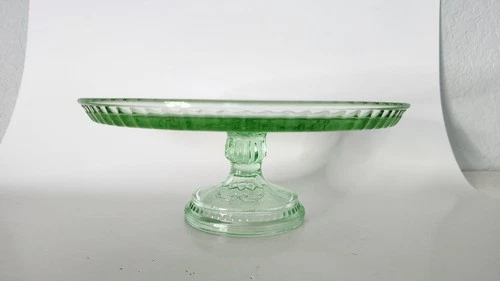 Vintage Green Depression Glass Pedestal Cake Stand 10" Floral