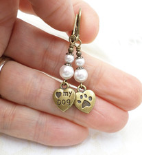 Dog Earrings Paw Print I Love My Dog Jewelry Brass Handmade Animal Lover Gift
