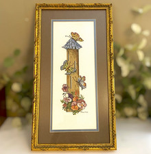 Vintage Needlepoint Butterflies Floral Gold Frame Glass