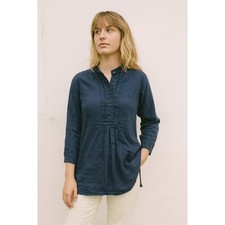 Ines De La Fressange Uniqlo Linen Top Womens Small Navy Blue Linen Lace Detail