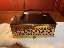 Vintage Madwed MCM Black Lucite Gold Tone Filigree 1950 s Metal Bag Purse