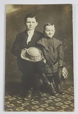 Vintage Sepia Postcard Photo Two Boys Robert & Woody Wolfe 1910s Missouri RPPC