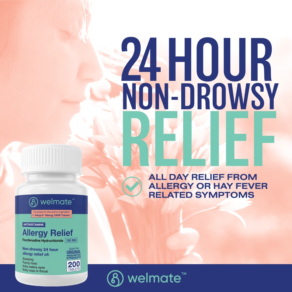 WELMATE 24 Hour Allergy Relief Tablets - Fexofenadine HCl 180mg 200 Count - Image 3 of 4
