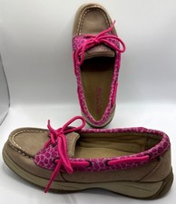 Sperry Top Sider Laguna Hot Pink Tan Leopard Leather Boat Shoes girls 2 1/2