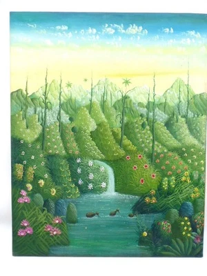 Ölgemälde Naive Malerei Henry Robert Bresil Blumen Berge Vögel  76 cm x 60 cm - Bild 1 von 4