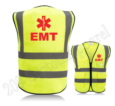 EMT Hi-Visibility Safety YELLOW Vest  2'' Reflective Zipper Pockets Radio Holster