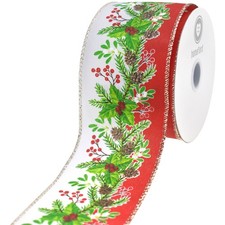Christmas Pinecone Mistletoe Stripe Wired Ribbon, Red, 2-1/2-inch, 10-yard