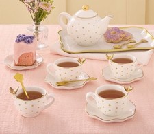 white w Poka Dots Golden Butterfly Porcelain Tea Set w Case New