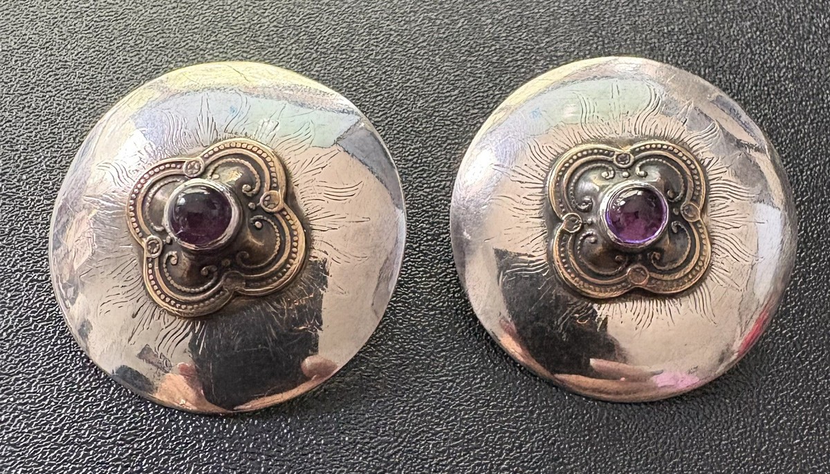 Tabra Hand Signed Sterling Silver Amethyst Statement Post Earrings Artisan Boho View 3