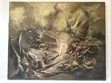 ANTIQUE PAINTING JEAN JANIN SURREALIST ART DECO ICONIC ANGELS LANDSCAPE FAMOUS