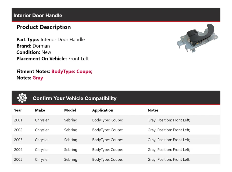 Manija de puerta interior delantera izquierda para Chrysler Sebring 2001-2005 cupé Dorman 2002 Foto 2 de 4