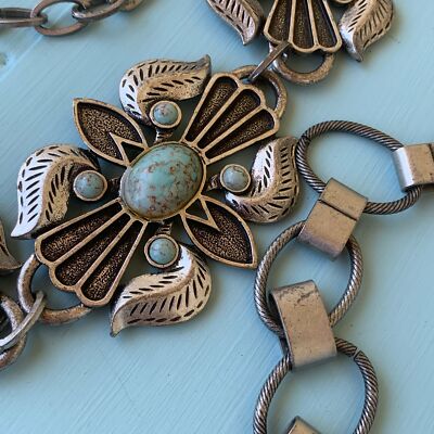 Vintage Southwestern Faux Turquoise Silver Tone Metal Belt  display picture 3