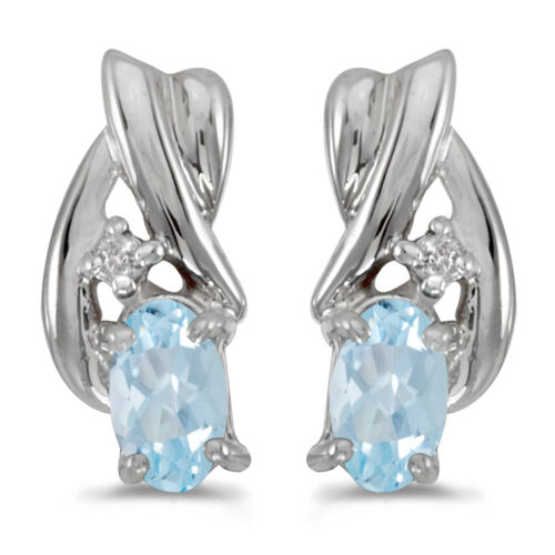 14k White Gold Oval Aquamarine And Diamond Earrings - Picture 1 of 3
