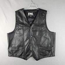 FMC Leather Motorcycle Vest Mens Size 52 Black Snap Front Pockets Rock Metal