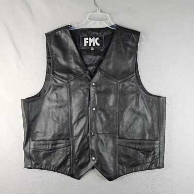 FMC Leather Motorcycle Vest Mens Size 52 Black Snap Front Pockets Rock Metal