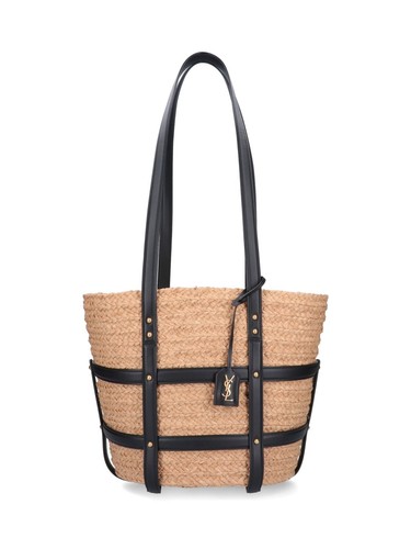 SAINT LAURENT Panier Raffia Natural/Black Tote Bag New And Authentic
