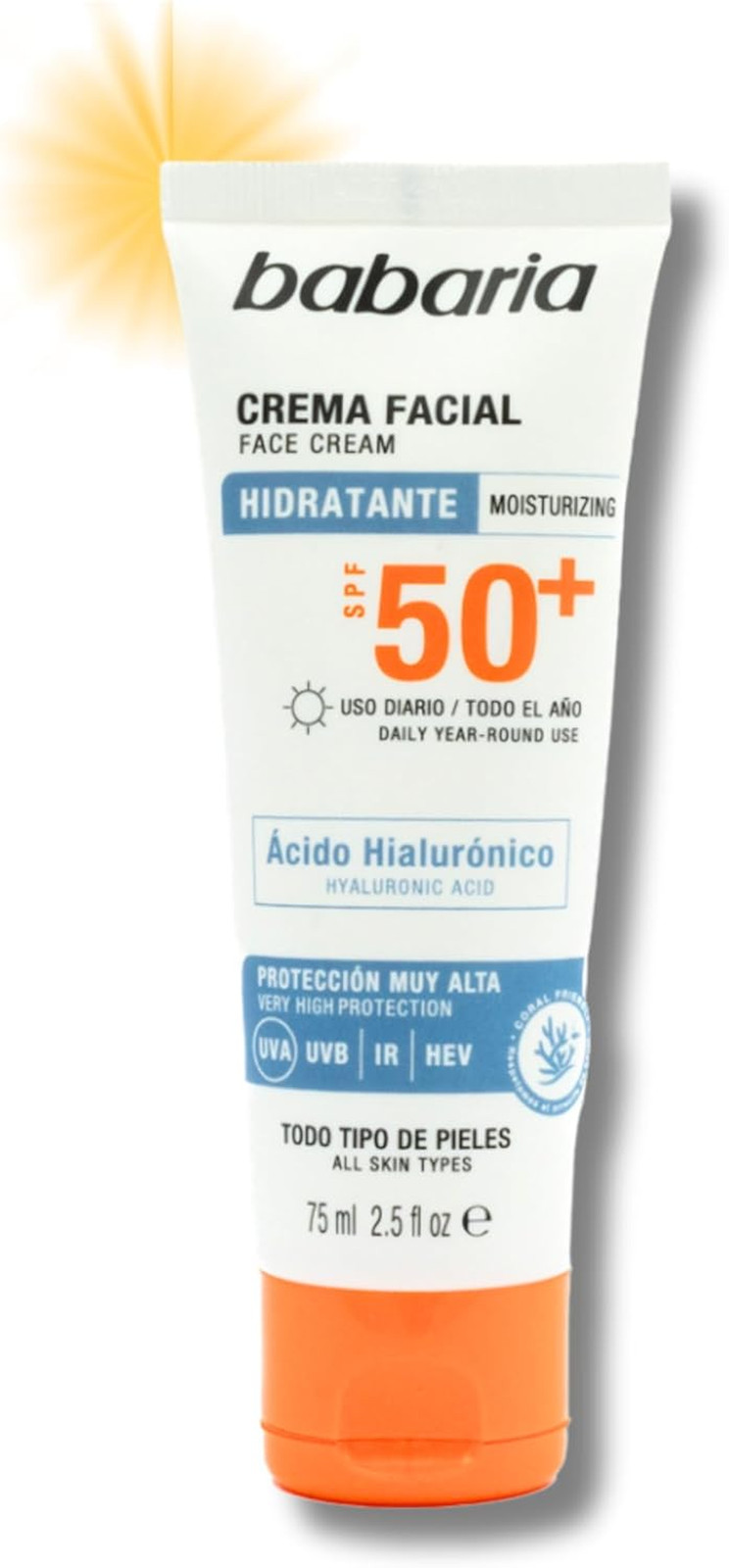 Babaria Crema Facial Acido Hialuronico 50+. Crema Hidratante Protección Solar
