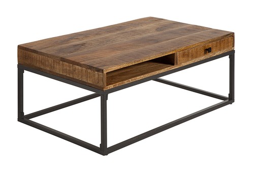Massiver Couchtisch IRON CRAFT 100cm Mangoholz Schublade schwarzes Metallgestell - Bild 10 von 12