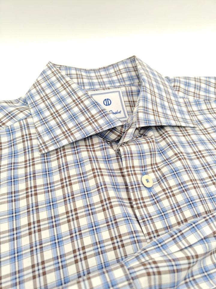 🇺🇲 Camisa de vestir David Donahue para hombre 15,5x33 100 % algodón azul marrón a cuadros Foto 4 de 4