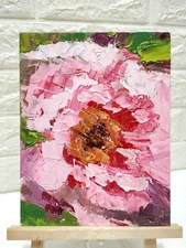 Original oil painting Abstract Pink Peony flower Artwork Still life Knife 9x7 in
