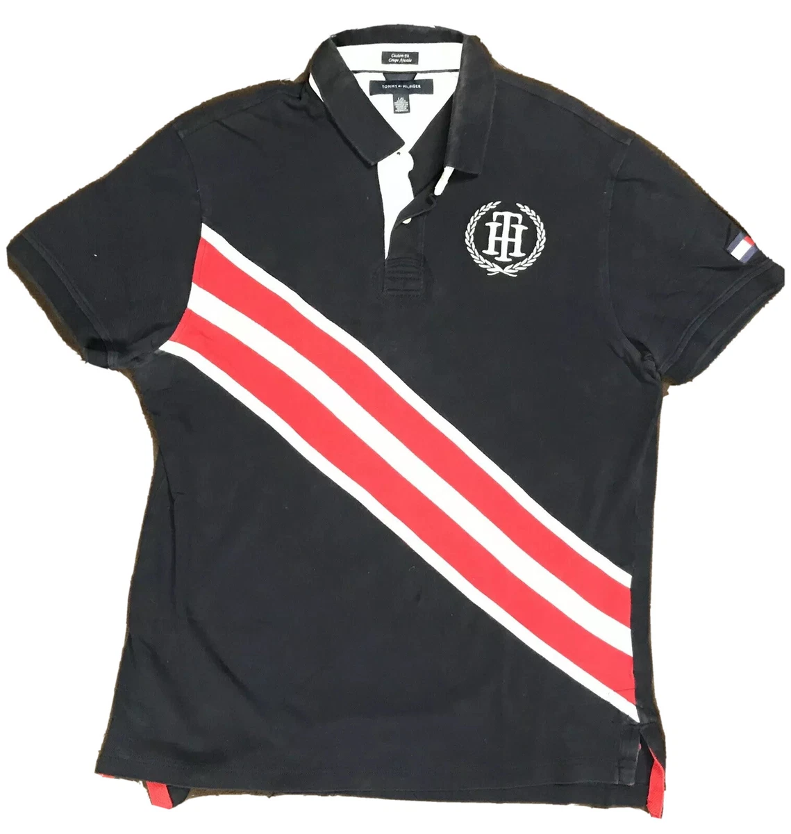 Tommy Hilfiger Polo Shirt Big TH Crest Logo Short Sleeve Custom Fit Size Large