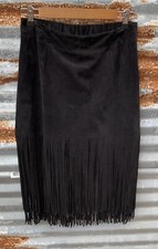 Faux Suede Vegan Black Fringe Skirt size M Western Festival Boho Euro Cowgirl