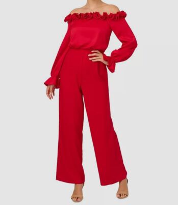 Adrianna Papell Women's Red Satin Crepe Rosette Off-Shoulder