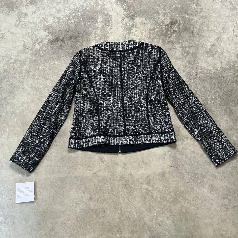 Blazer Anne Klein Mujer 2 Petite Cremallera Tweed Plateado Negro Brillante Chaqueta Oficina Foto 4 de 4