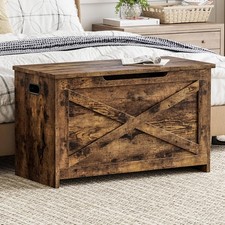 30" Storage Chest Wooden Bench Toy Box with Flip-top Lid & 2 Safety Hinge Brown