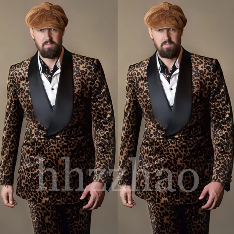 Леопардовый принт мужские костюмы шаль лацкан двубортный свадьбы жених смокинг 2 шт. - Изображение 3 из 4