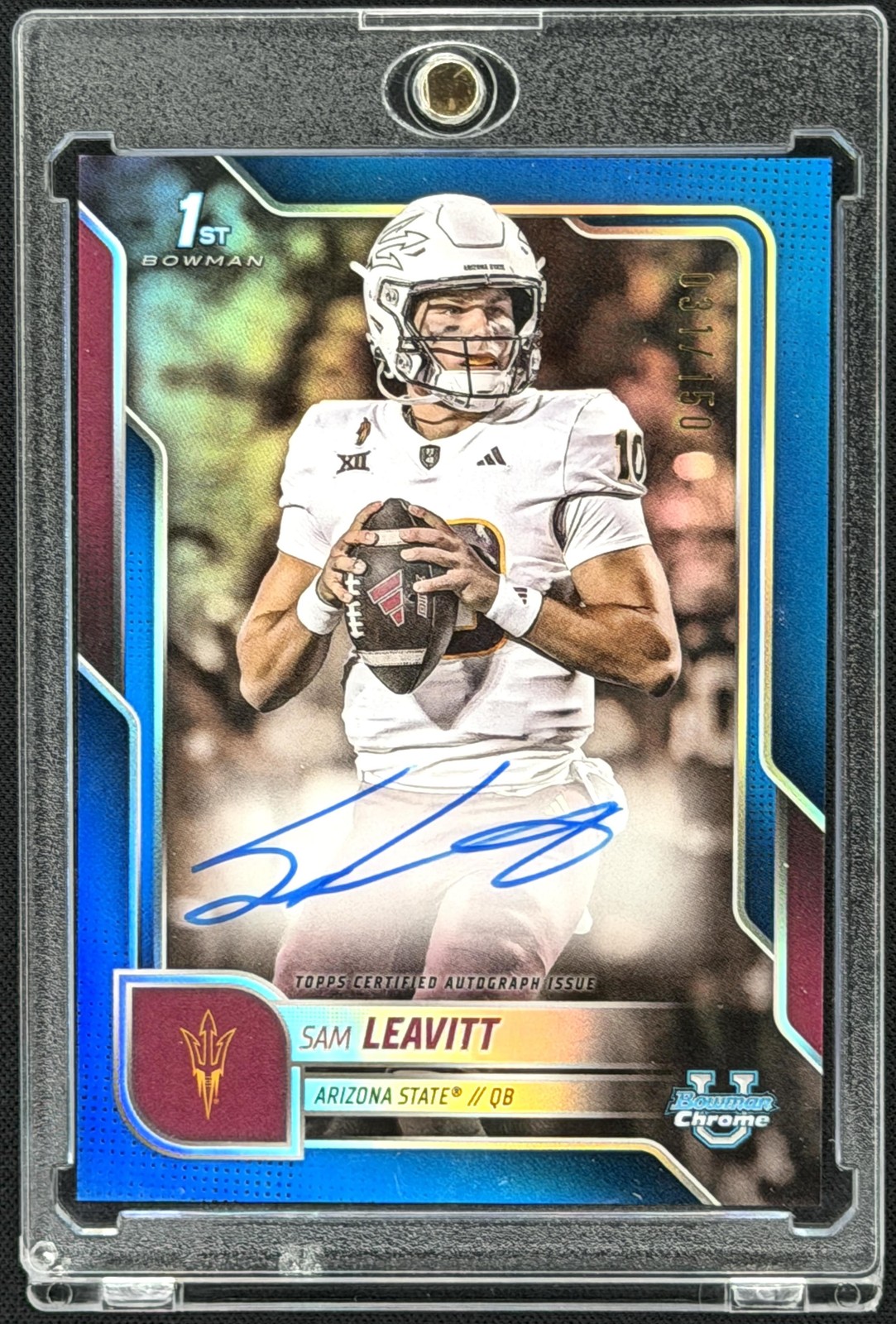 Sam Leavitt 2025 Bowman U Chrome 1st True Blue Refractor On Card Auto /150