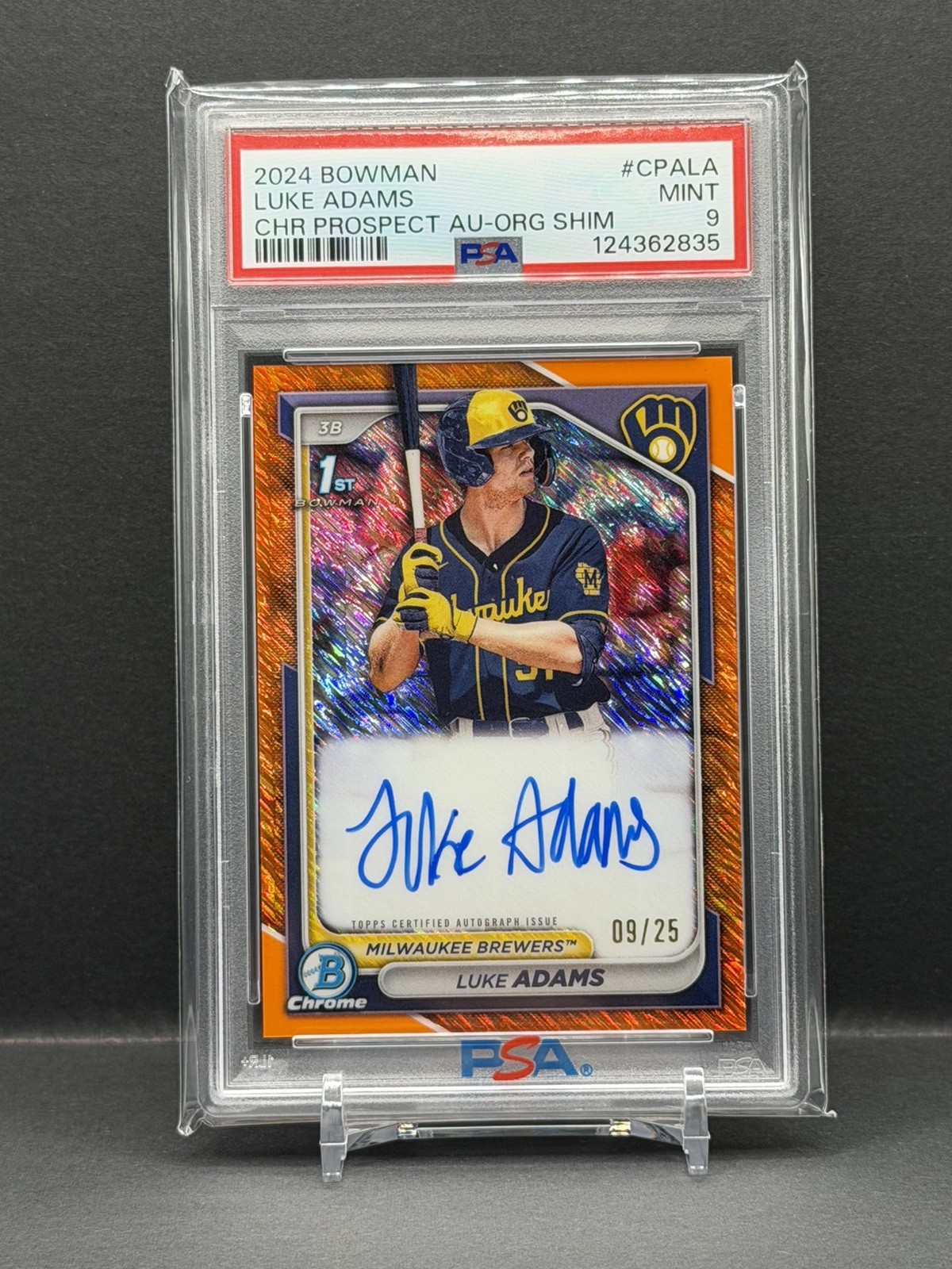 2024 Bowman 1st Chrome Auto Luke Adams Orange Shimmer Refractor /25 PSA 9