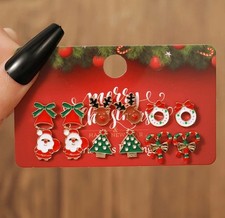 Christmas Holiday Earrings Red Green Santa Bell Rudolph Tree Bell Wreath 6 Sets