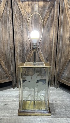 Vintage 1985 Rare Fredrick Ramond Etched Clear Glass Lucite Brass Table Lamp
