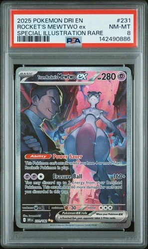 2025 POKEMON DRI EN-DESTINED RIVALS #231 TEAM ROCKET'S MEWTWO EX PSA 8