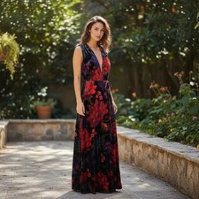 Farm Rio Womens Tropical Floral Velvet Maxi Dress Deep V-Neck Multicolor Size XS