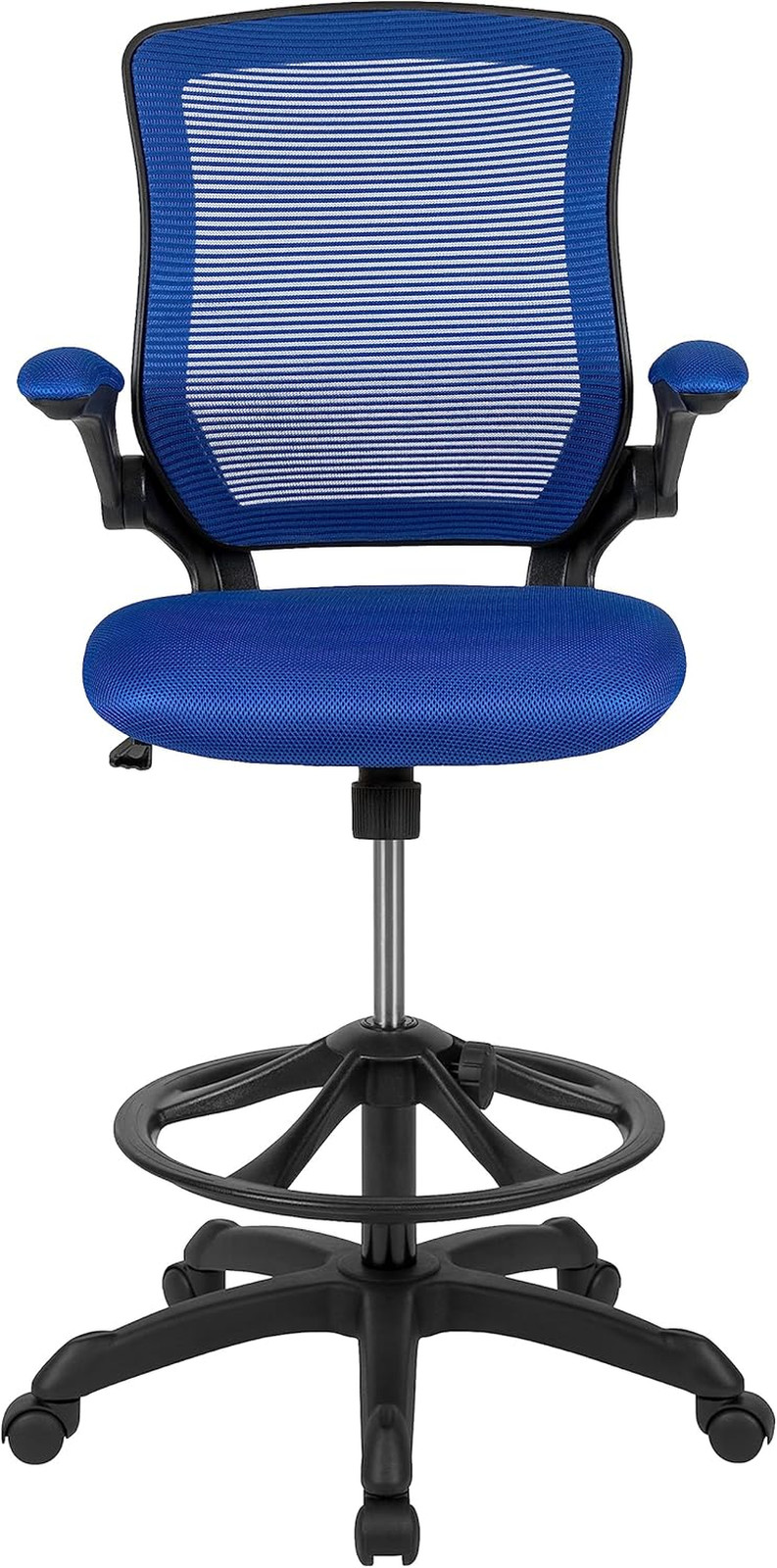 Blue Mesh Ergonomic Drafting Chair with Adjustable Foot Ring & Flip-Up Arms